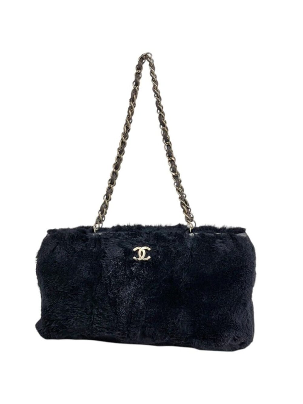 Chanel Shoulder Bag CC Logo Fur Black